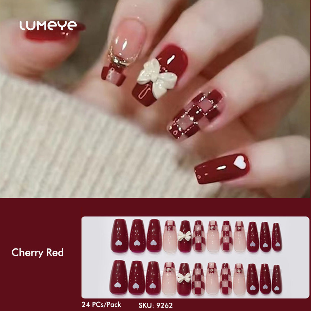 Cherry Red With Bow Tie Square Short Nails - 24PCs / Pack