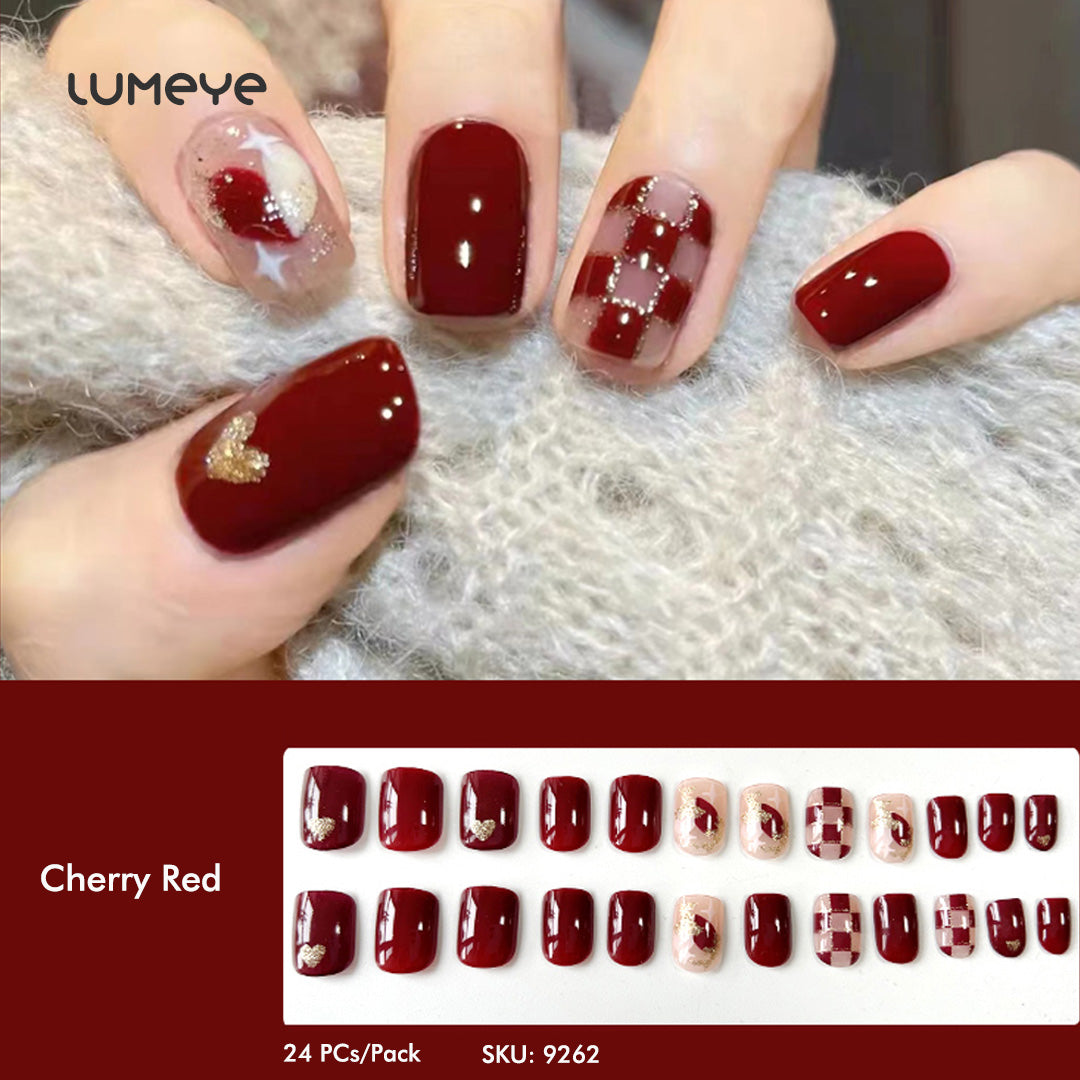 Cherry Red With Golden Heart Square Short Nails - 24PCs / Pack