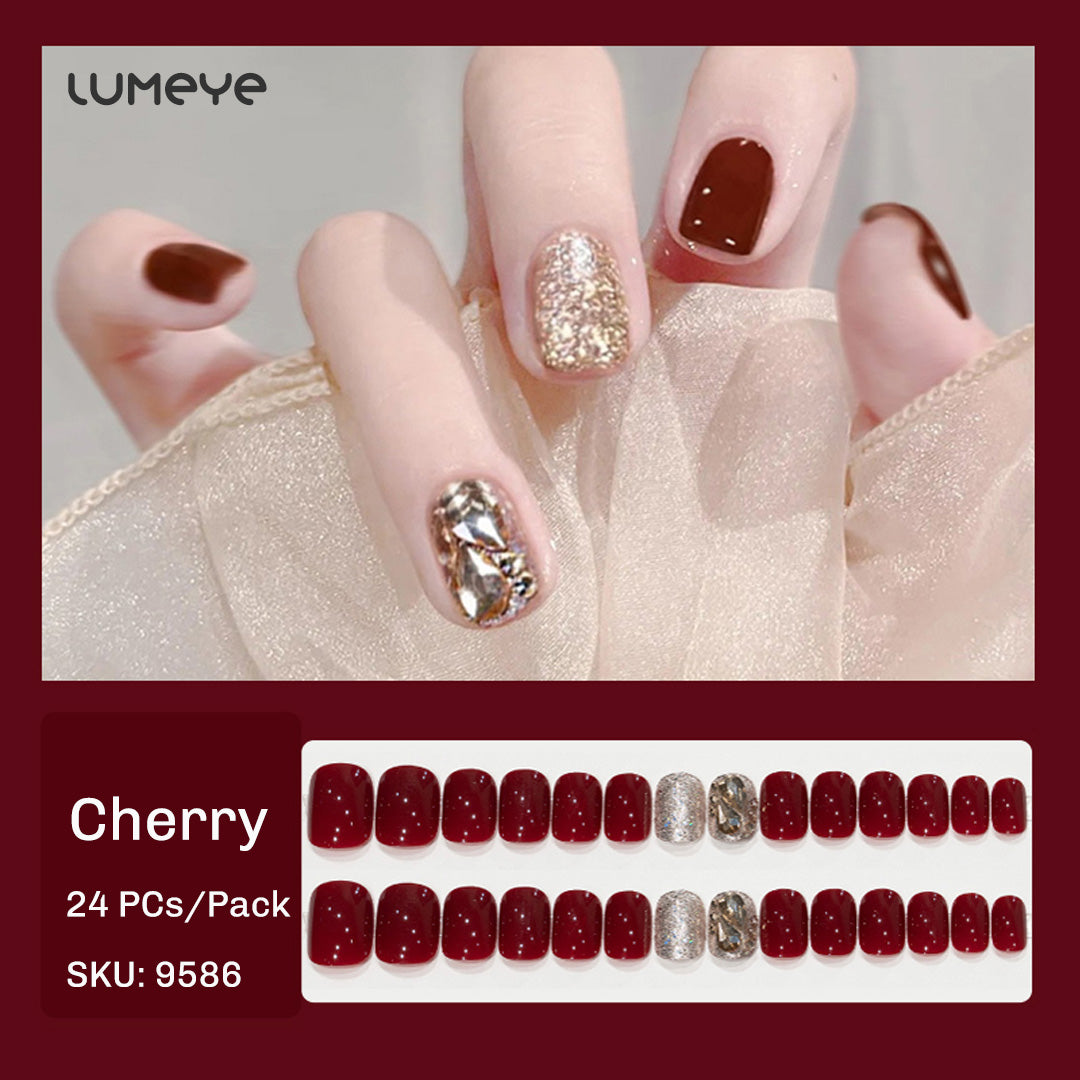 Cherry Red Square Short Nails - 24PCs / Pack