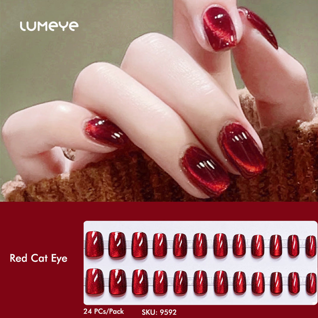Red Cat Eye Square Short Nails - 24PCs / Pack